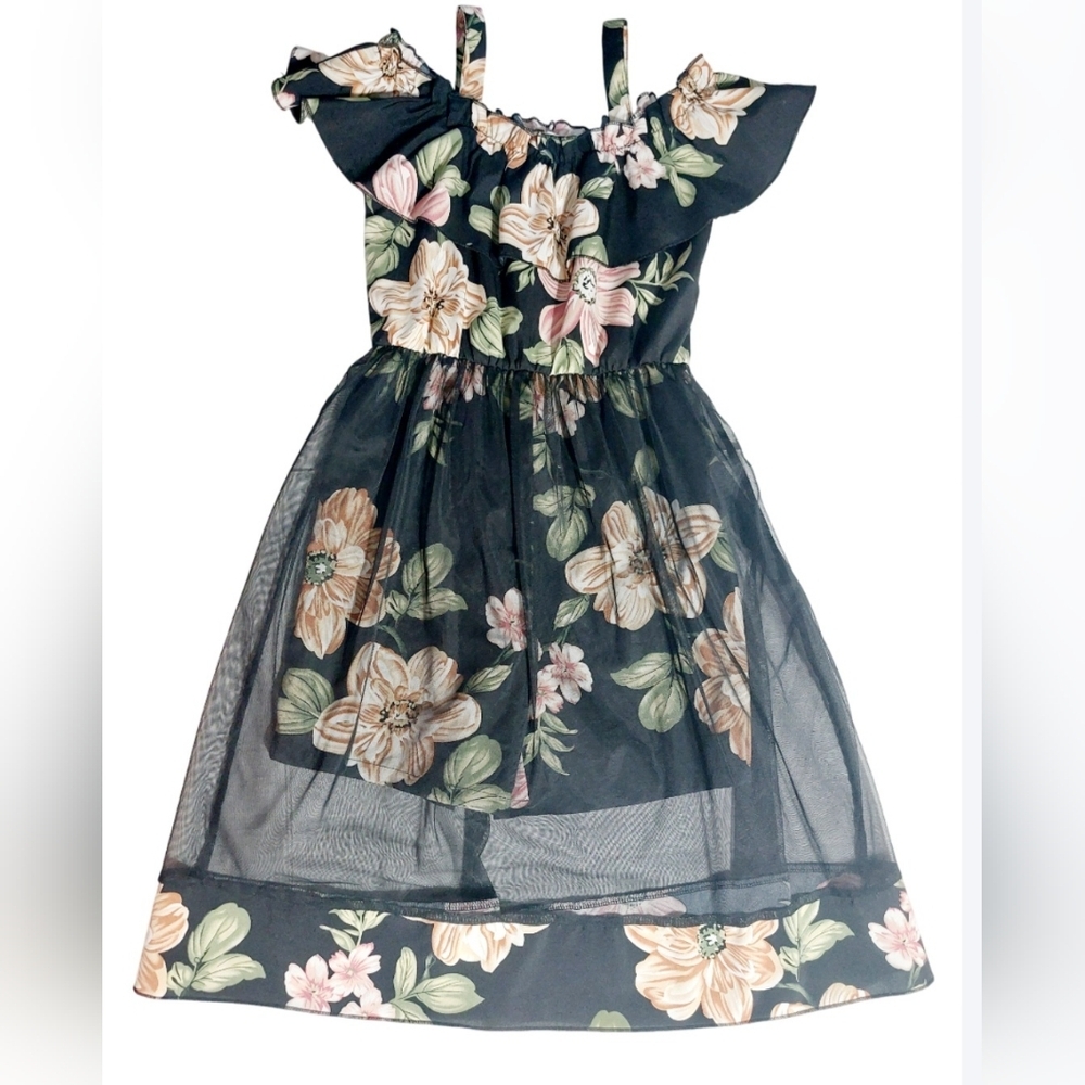 Young Girls' Floral Pattern Splice‎ Mesh Romper Dress With Spaghetti Straps